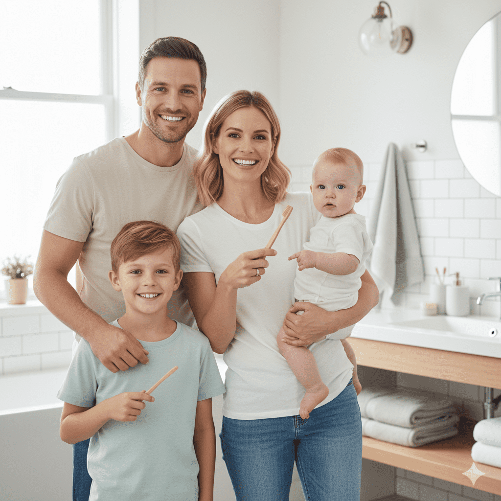Family holding toothbrushes and smiling in a bathroom.